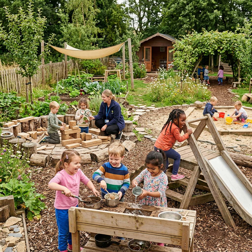 Children playing and learning outdoors in a garden with wooden toys, a slide, sandpit, and plants